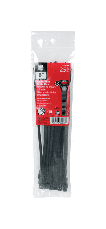 8" Black Releasable Cable Ties – Pack of 25 - Image 3