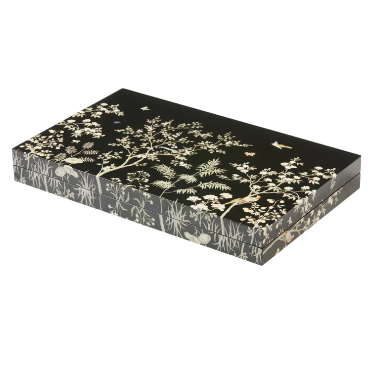 Addison Ross Black Chinoiserie Lacquer Backgammon Set - Image 2