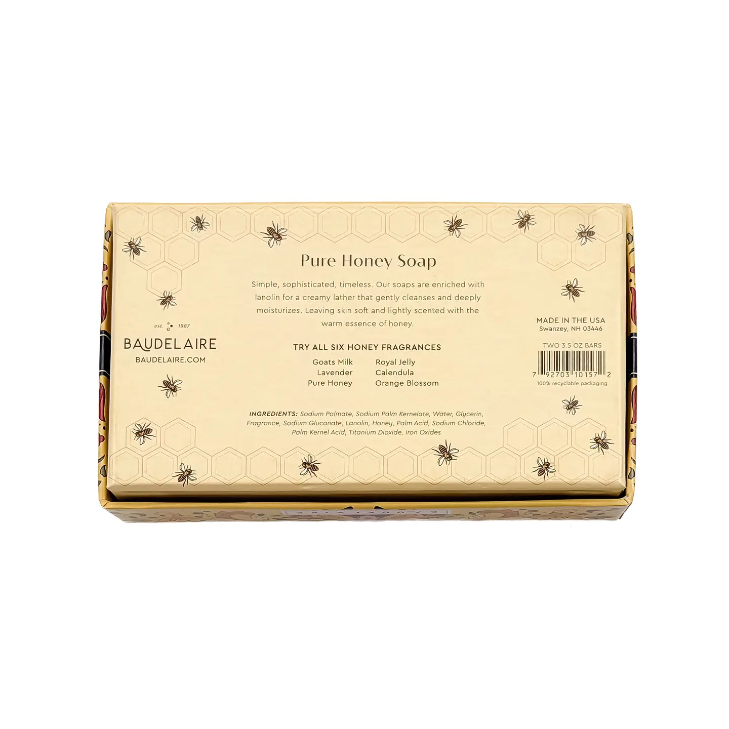 Baudelaire Pure Honey Bar Soap – 3.5oz –  2 Bar Gift Box - Image 3