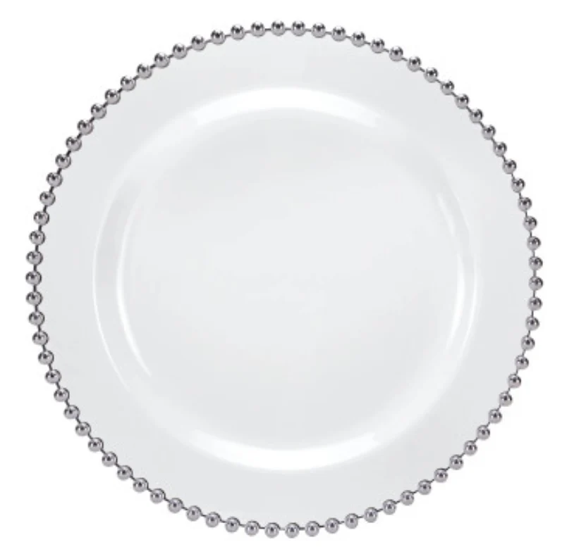 Beaded Premium Plastic Dinner Plates – White With Silver Trim - 10.75" – Set of 10
