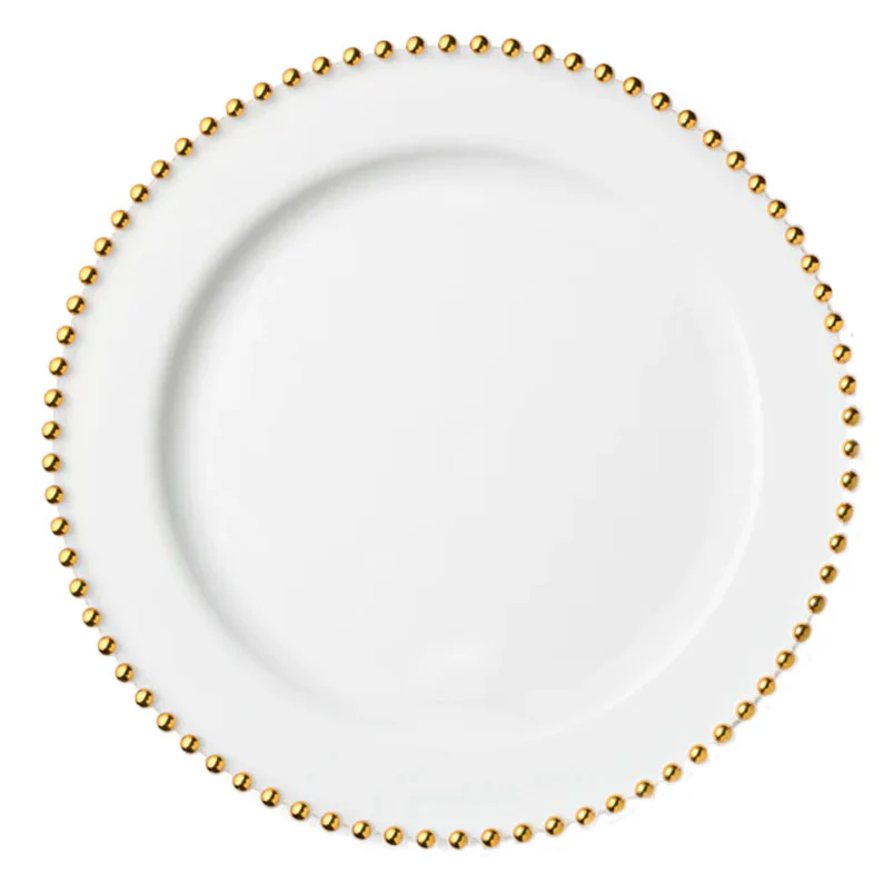 Beaded Premium Plastic Round Plates – White With Gold Trim - 10.75" – Set of 10