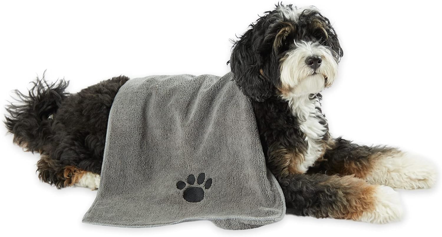 Bone Dry Pet Grooming Towel Embroidered Absorbent Microfiber – 15" x 30" Gray - Image 7