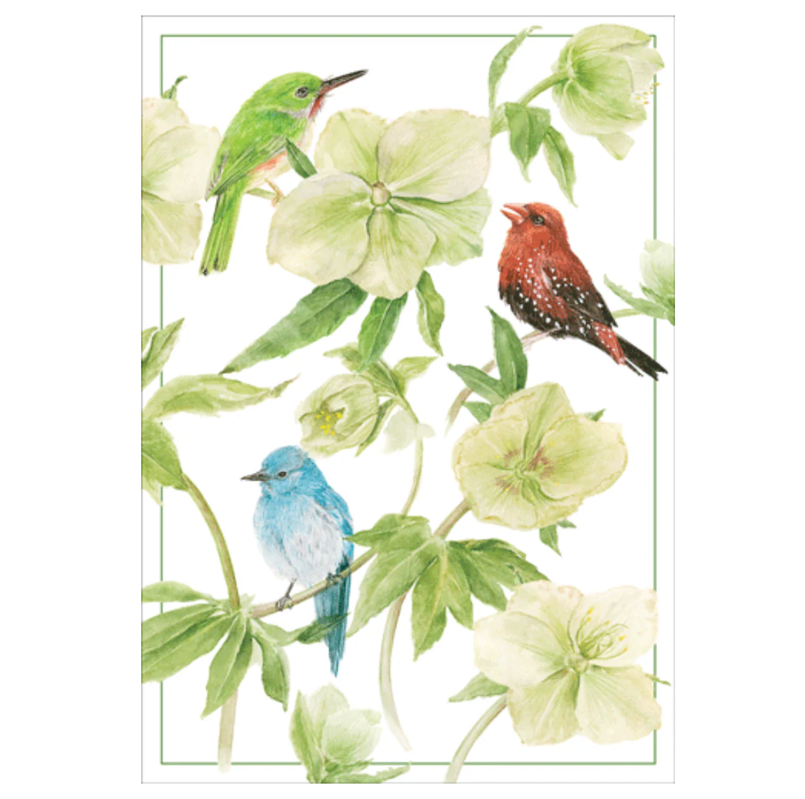 Caspari Birds And Hellebore Happy Birthday Card – 1 Card & 1 Envelope