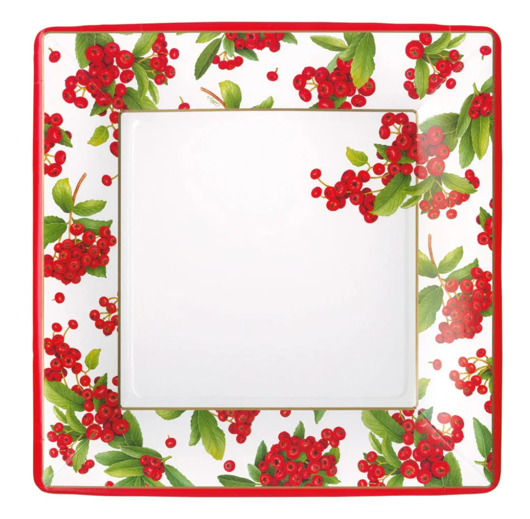Caspari Christmas Red Berry Square Paper Dinner Plates – 8pk