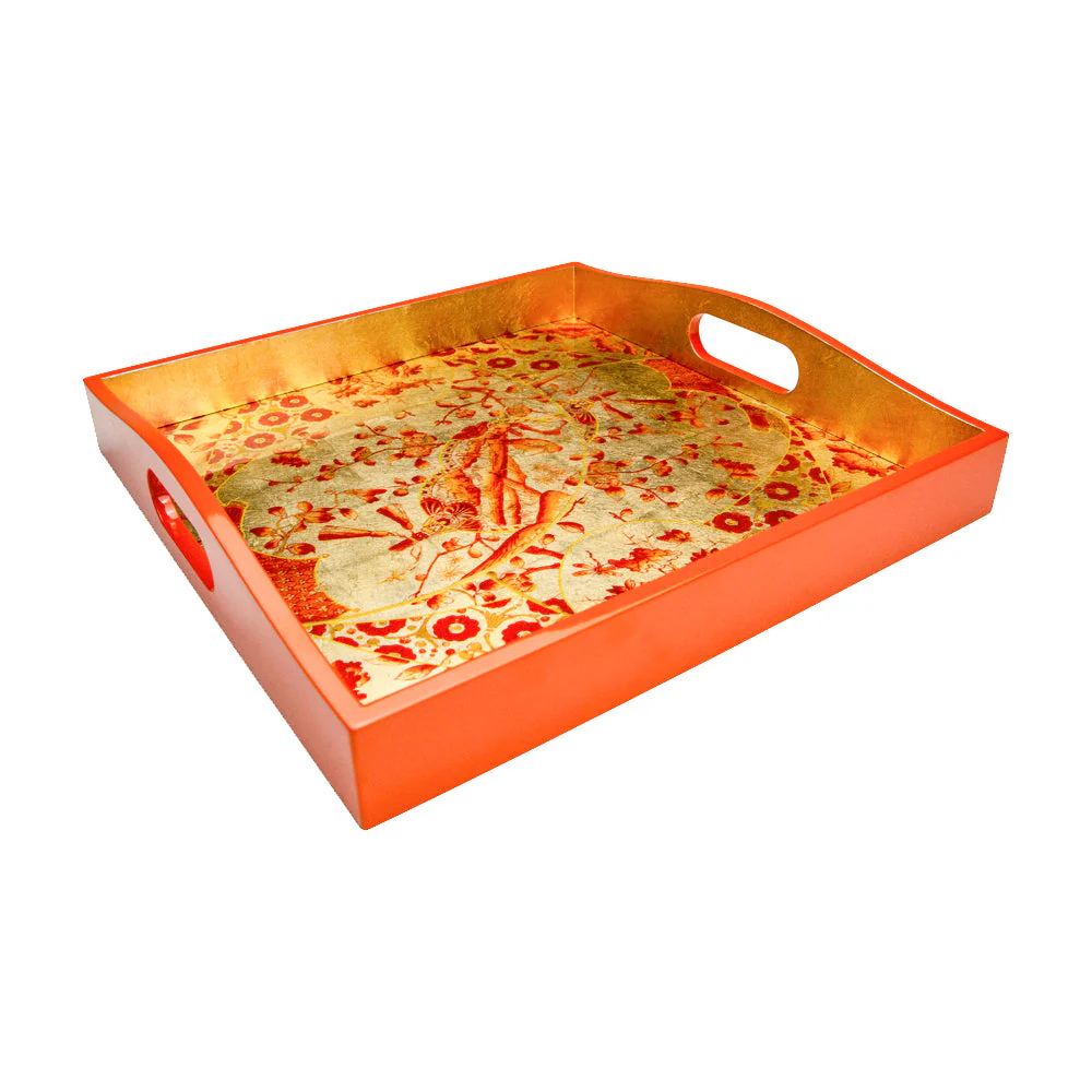Caspari Gilded Porcelain Coral & Gold Lacquer Square Tray – 14” x 14” - Image 3