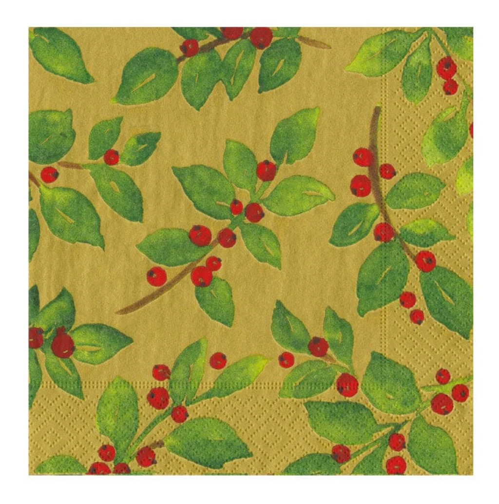 Caspari Gold Painted Holly Recycled Christmas Cocktail Napkins – 20pk