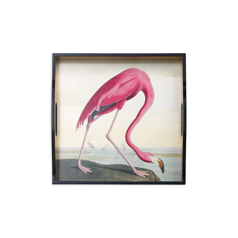 Caspari Lacquer Square Tray, Audubon Birds Flamingo - Image 3