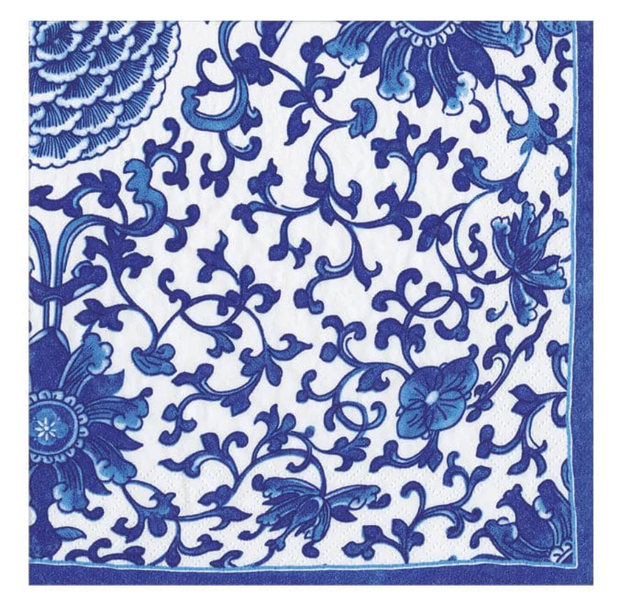 Caspari Paper Cocktail Napkins -  Indigo Garden Blue/White – 20pk