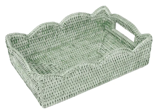 Caspari Rattan Scalloped Small Tray β Green β 11β x 7.5β x 3"