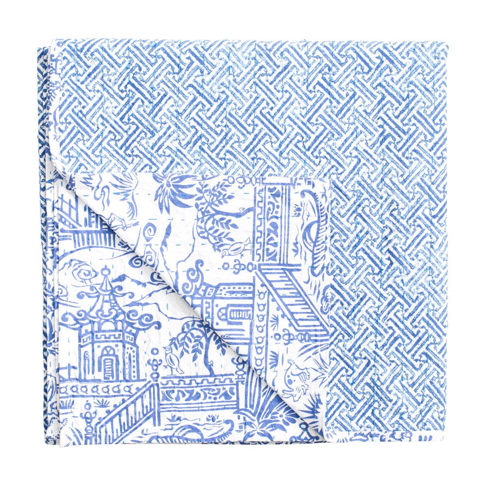 Caspari Reversible Kantha Table Cloth – Blue & White Pagoda Toile – 70"x70" - Image 2