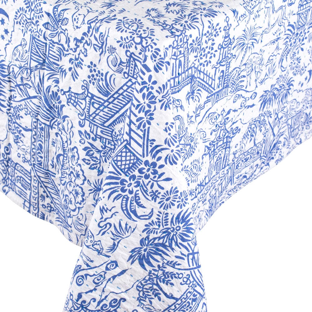 Caspari Reversible Kantha Table Cloth – Blue & White Pagoda Toile – 70"x70" - Image 4