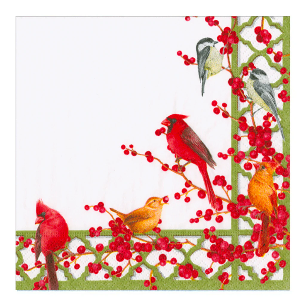 Caspari Winter Birds And Berries Recycled Christmas Cocktail Napkins β 20pk