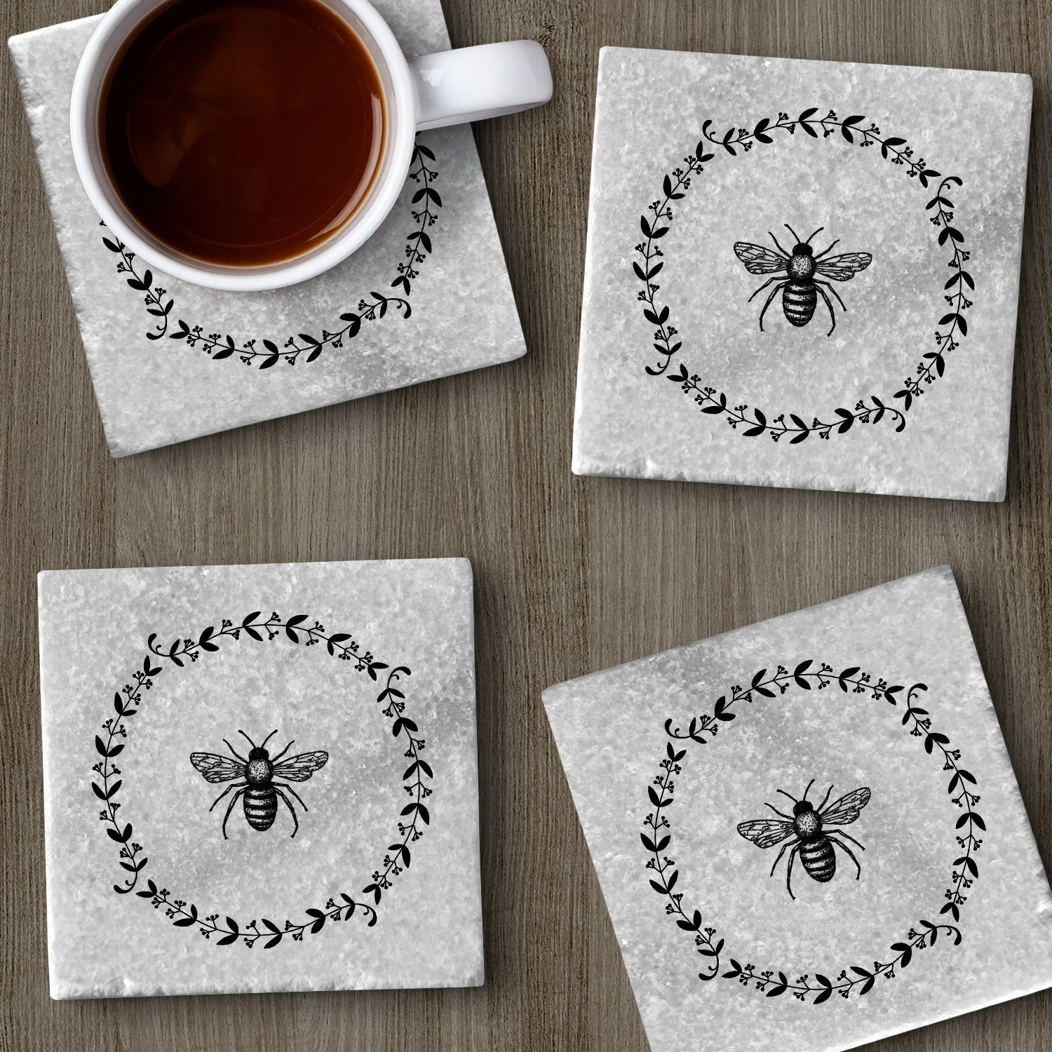 CounterArt Natural Marble Cork Backed Stone Coasters – "Bee" – Set of 4 - Image 6
