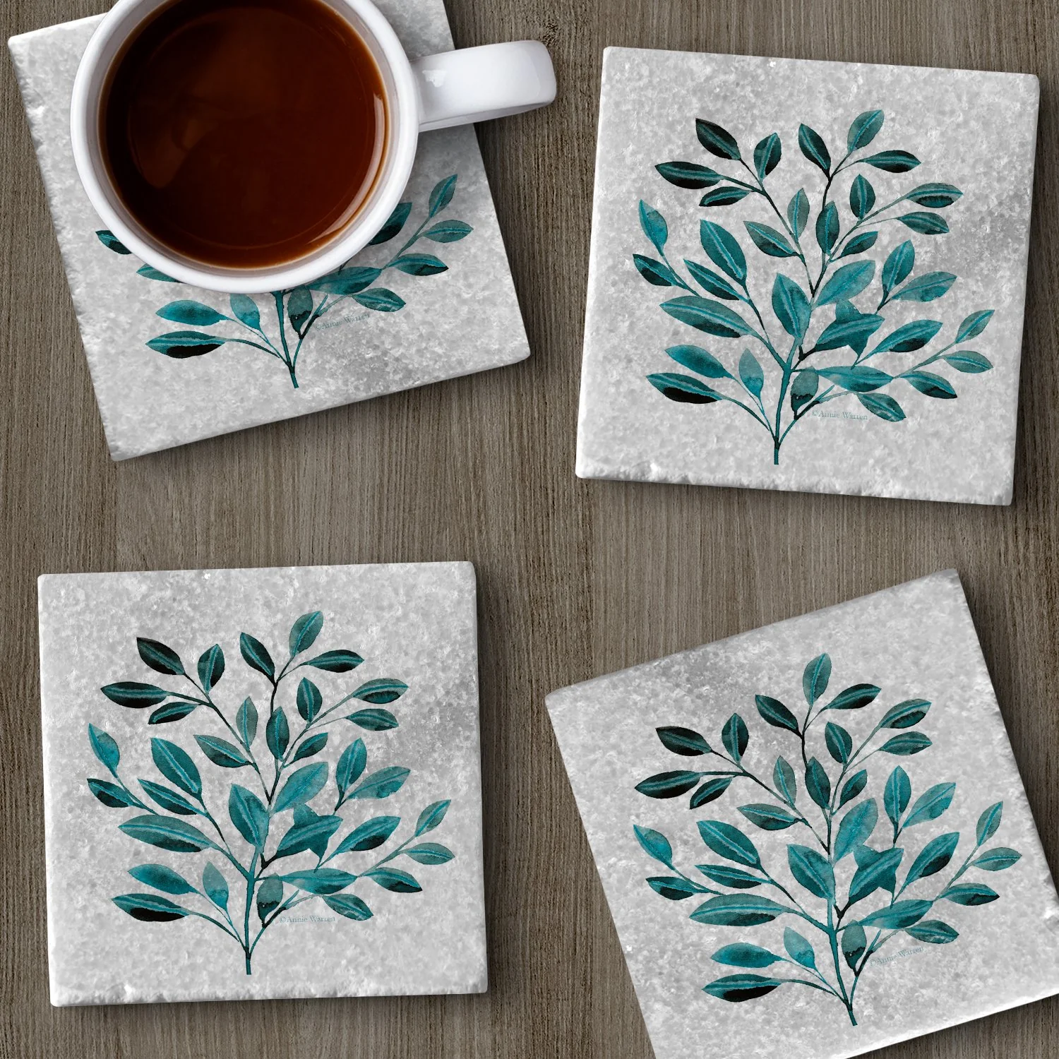 CounterArt Natural Marble Cork Backed Stone Coasters – "Leaves In Teal" – Set of 4 - Image 4