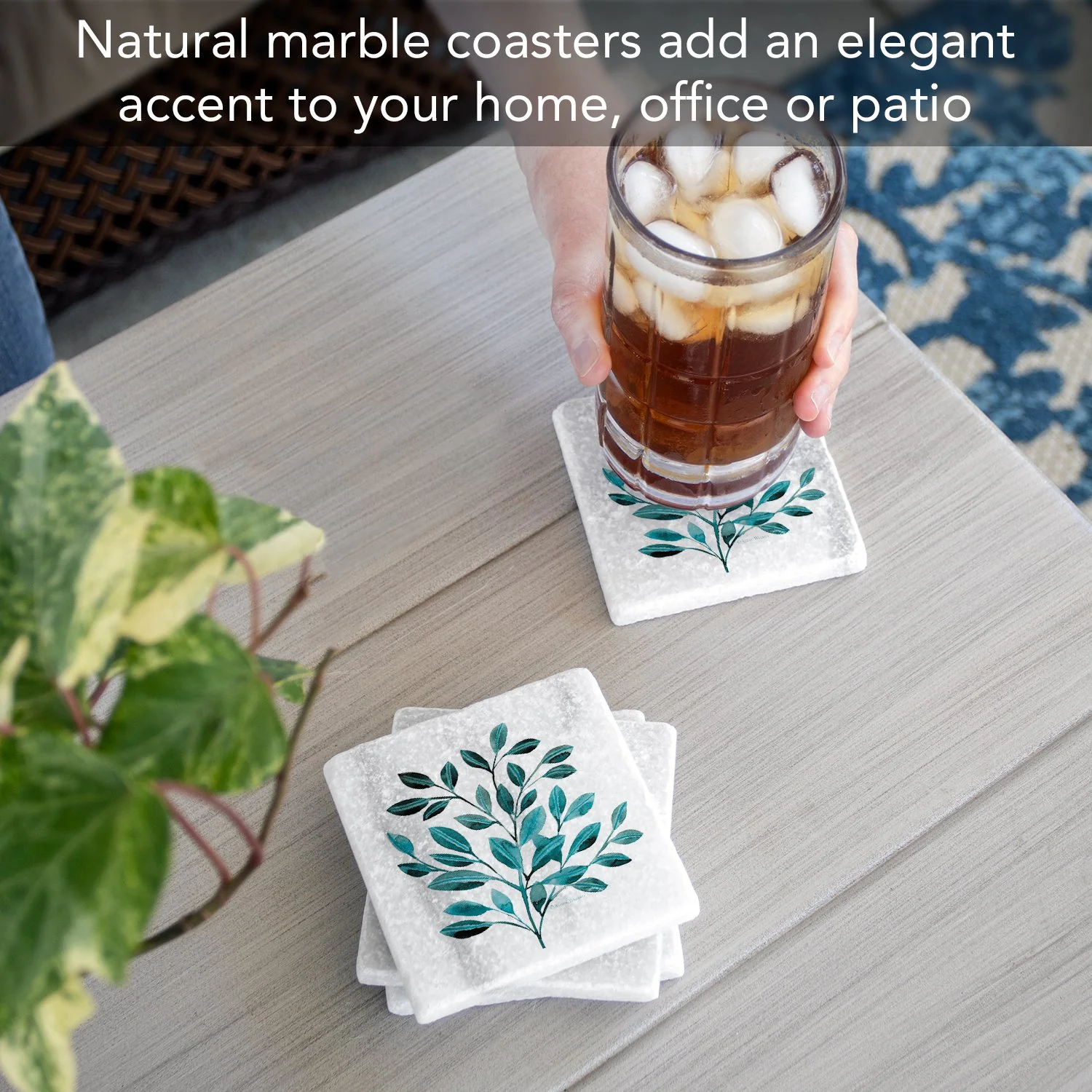 CounterArt Natural Marble Cork Backed Stone Coasters – "Leaves In Teal" – Set of 4 - Image 5