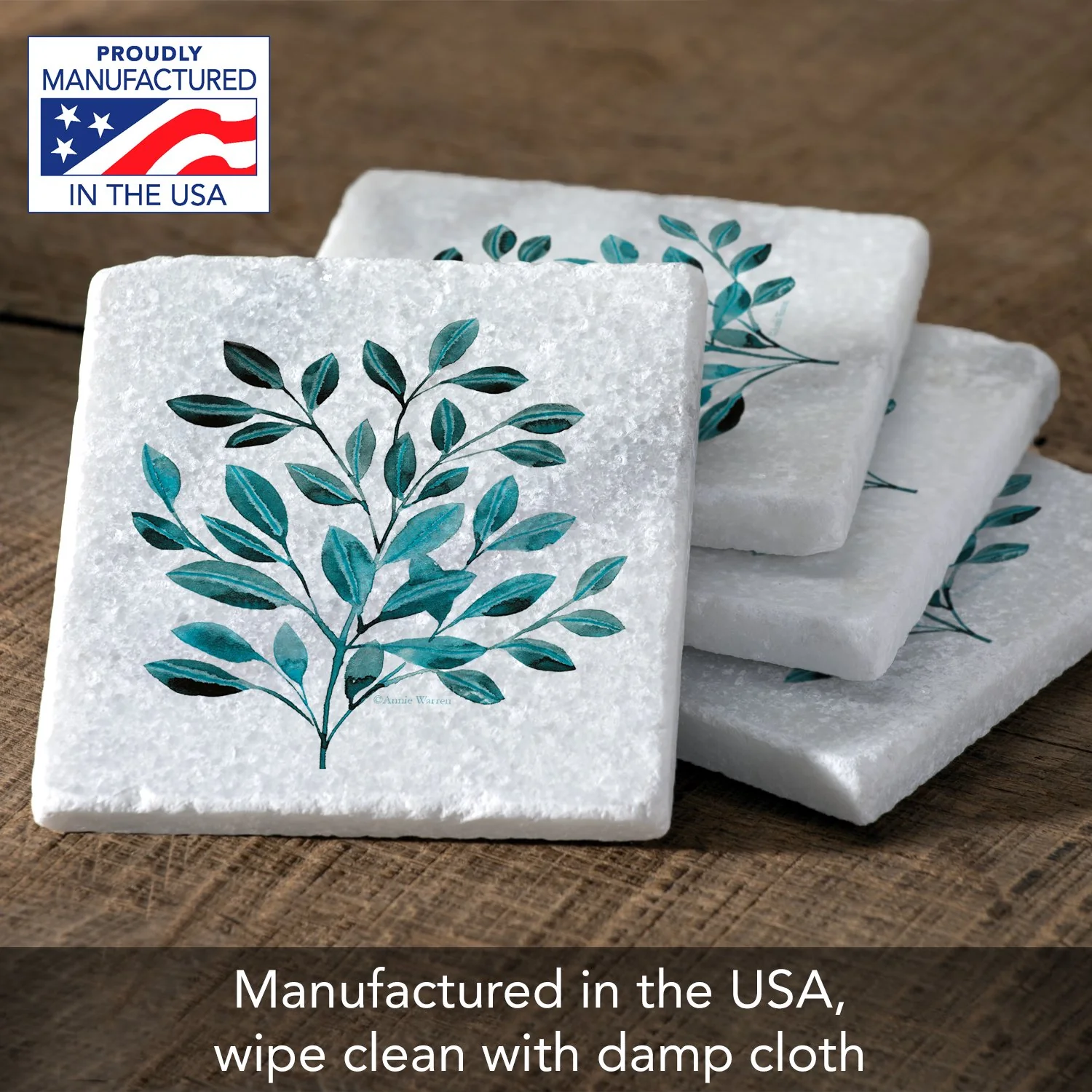 CounterArt Natural Marble Cork Backed Stone Coasters – "Leaves In Teal" – Set of 4 - Image 7