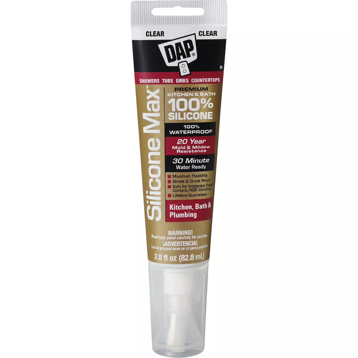 DAP Silicone Max Premium 100% Silicone Sealant for Kitchen | Bath | Plumbing – WHITE - 2.8oz