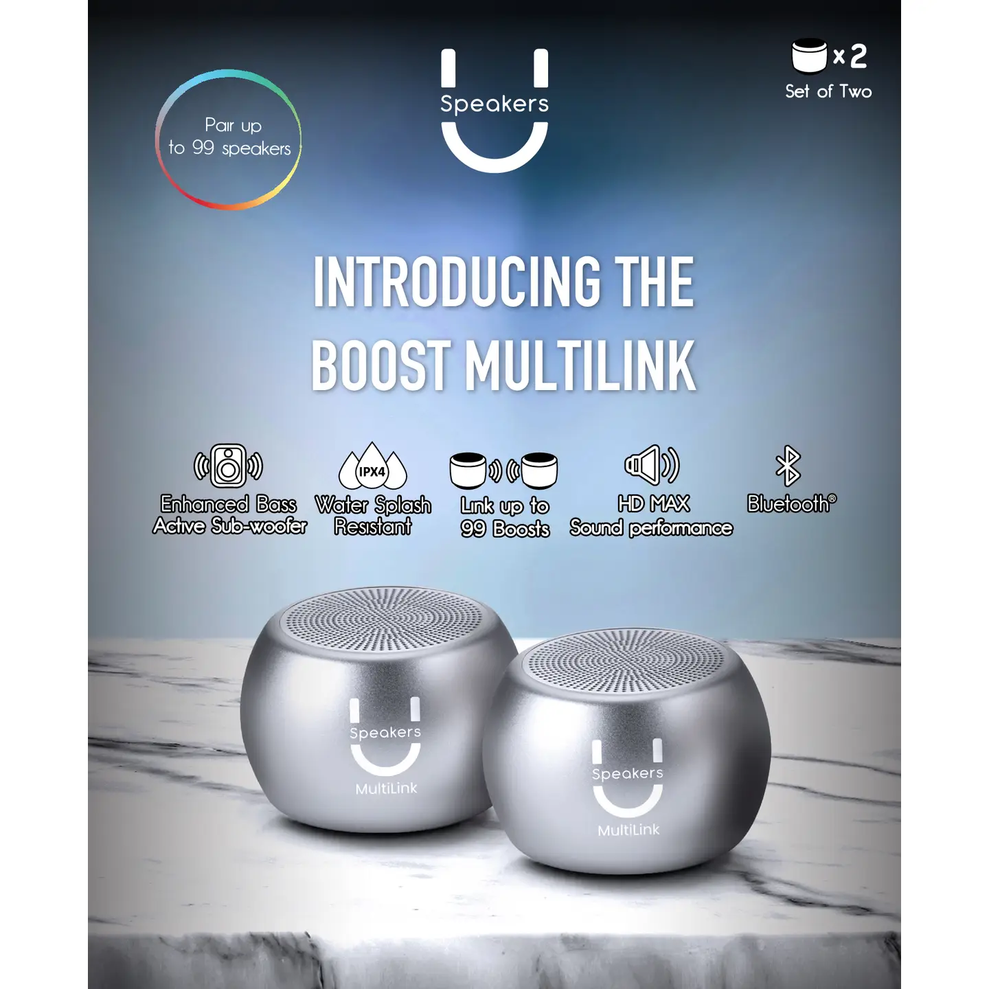 FashionIt U Mini Portable Bluetooth Speaker Boost Multilink Speaker – Set of 2 - Image 2