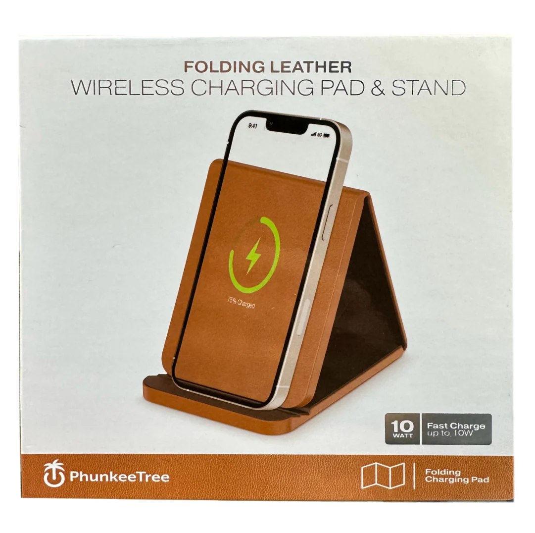 Folding Leather Wireless Pad And Charging Stand – Tan/Black - Image 2