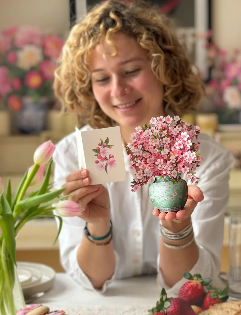 Fresh Cut Paper 3D Pop Up Flower Greeting Note Card – Mini Japanese Cherry Blossoms – 6" x 5" - Image 6