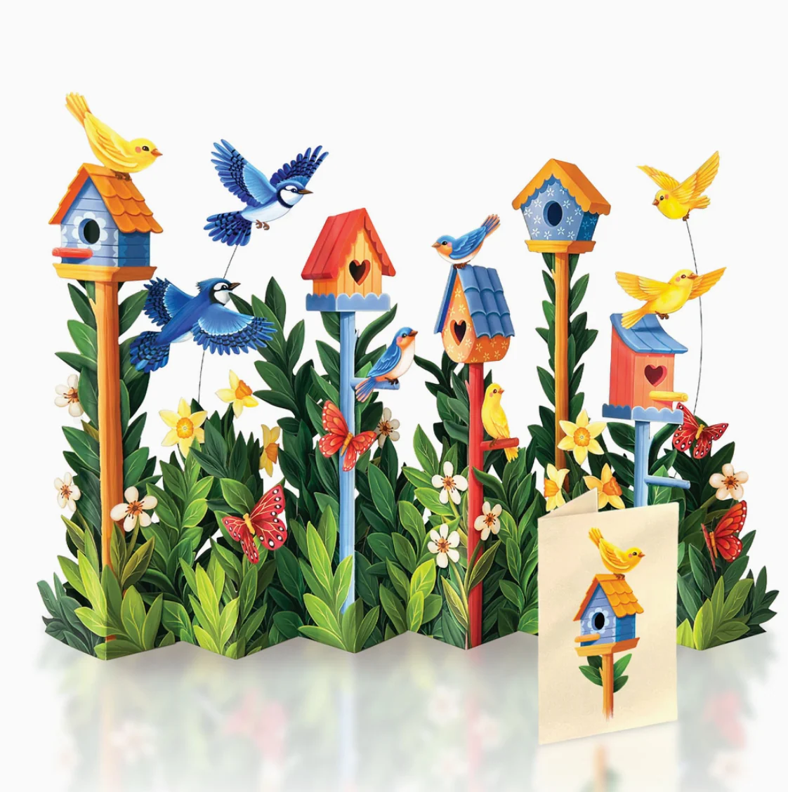 Fresh Cut Paper Mini 3D Pop Up Greeting Note Card β Birdhouse Garden β 6" x 5"