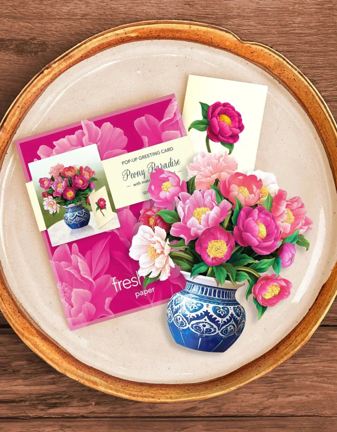 Fresh Cut Paper Mini 3D Pop Up Greeting Note Card –  Peony Paradise – 6" x 5" - Image 3