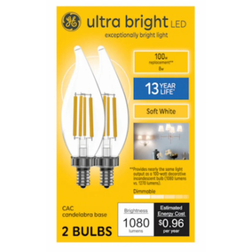 GE LED Candle-Shape Ultra Bright Light Bulbs-Candelabra Base-Soft White -8 Watt β 2-Pk
