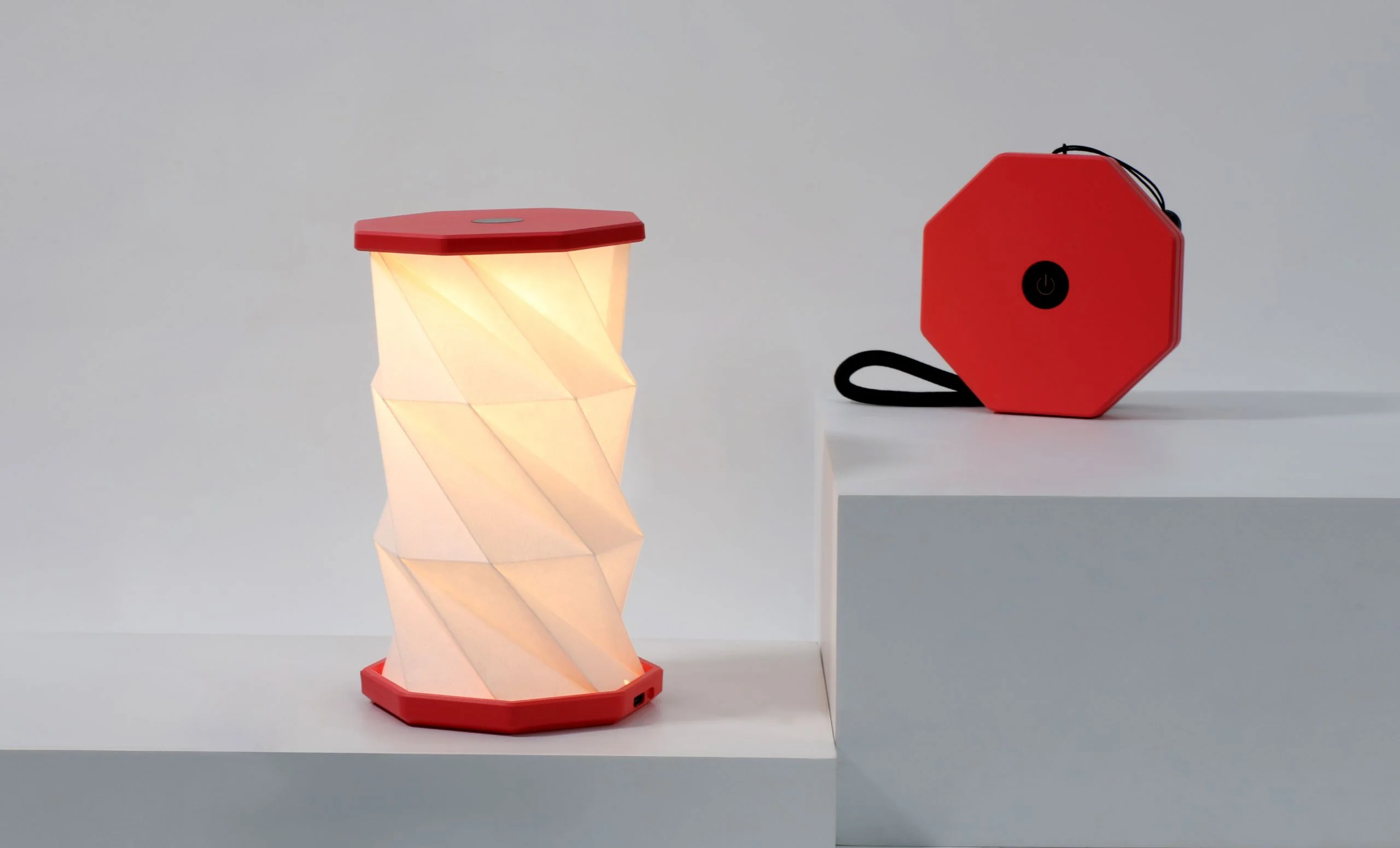 Gingko Folding Twist Mini Hexagon Lamp – Coral Red – 3.25" x 6" - Image 2