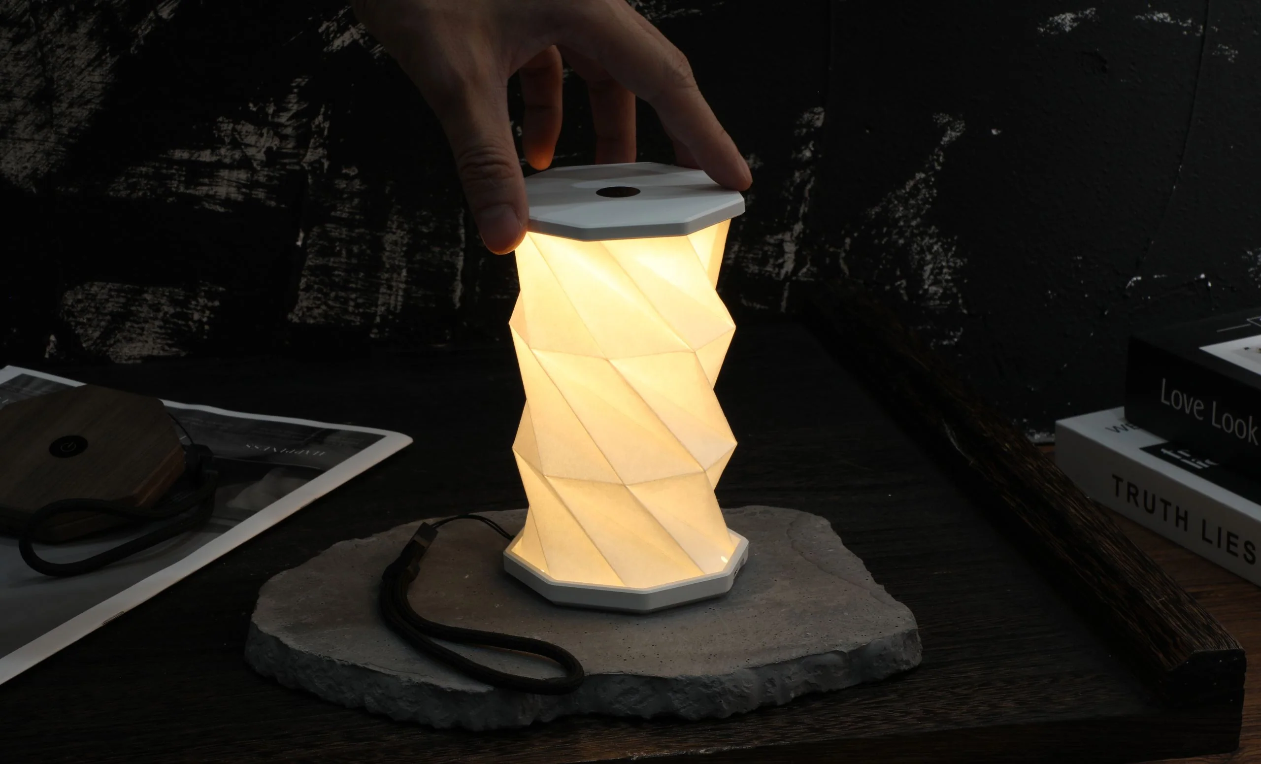Gingko Folding Twist Mini Hexagon Lamp – Lagoon Teal – 3.25" x 6" - Image 3