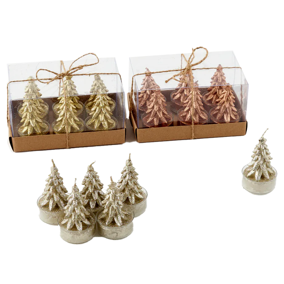 Glittered Metallic Tree Tealight Candles in Gift Box - Set of 6 – Assorted Colors – Each Box Sold Separately