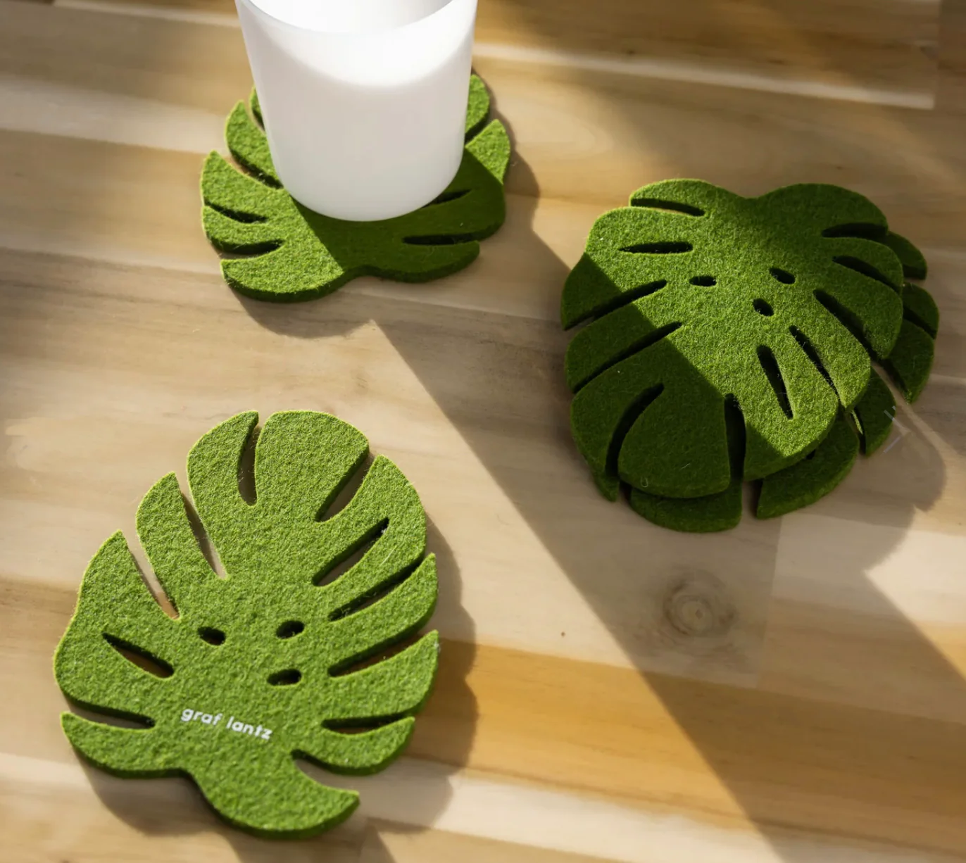 Graf Lantz Merino Wool Monstera Leaf – Felt Coasters – Loden Green– 4pk - Image 2