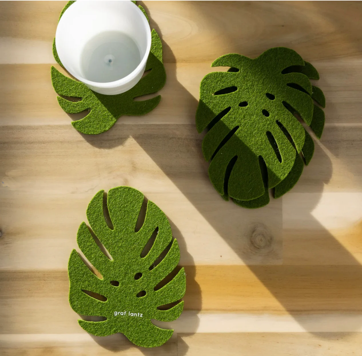 Graf Lantz Merino Wool Monstera Leaf – Felt Coasters – Loden Green– 4pk - Image 3