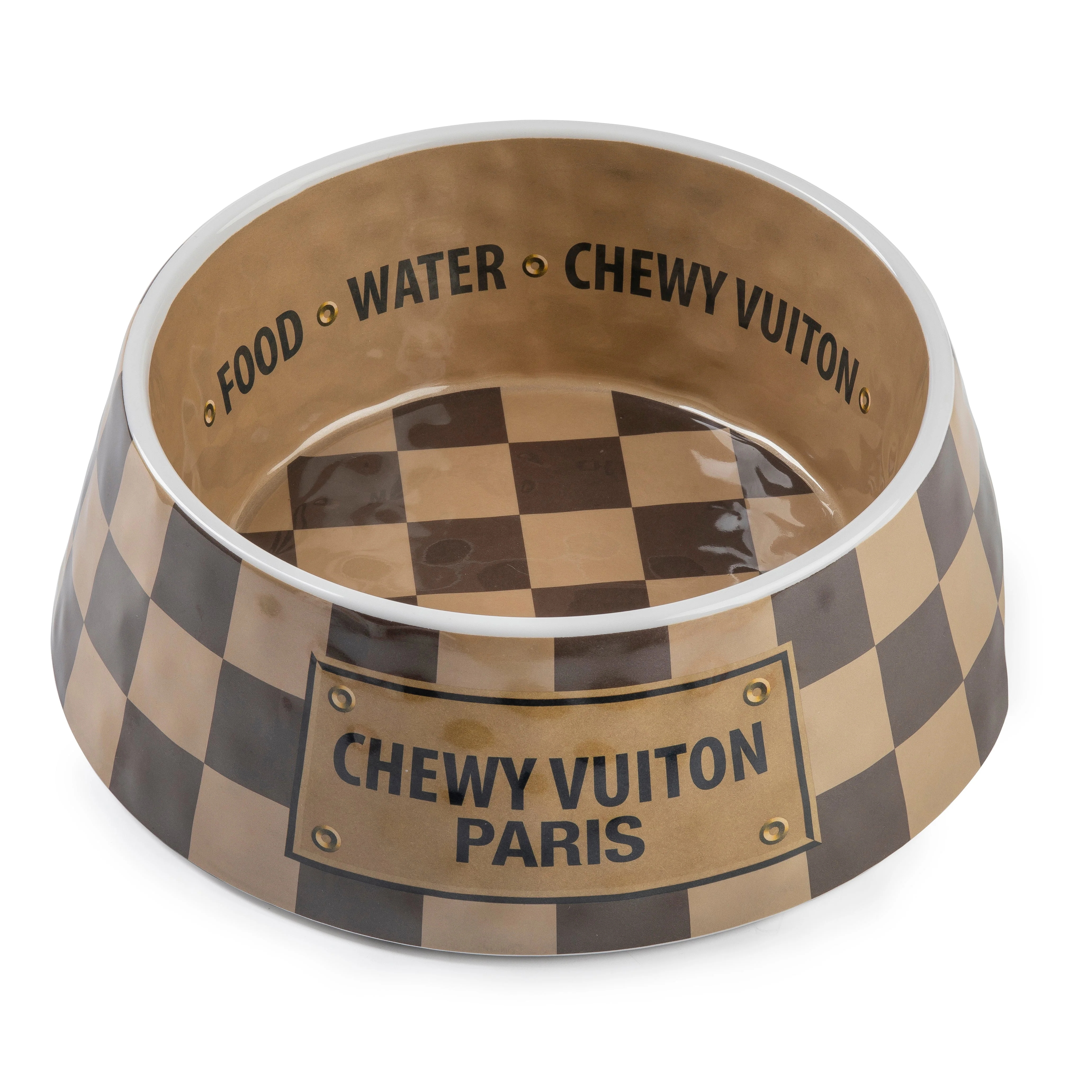 Haute Diggity Dog Designer Inspired Pampered Pooch Checker Chewy Vuiton Bowl - Medium