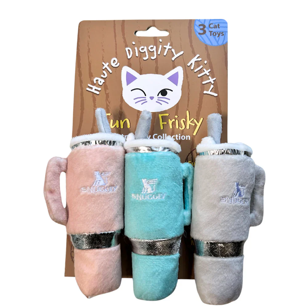 Haute diggity Dog Designer Inspired Plush Kitty Toy – Snuggly Cup 3-Pack