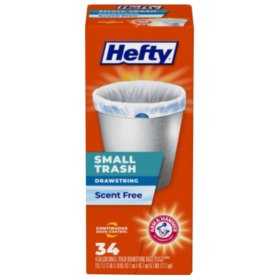 Hefty Draw String Small Trash Bags – 4 Gallon – Scent Free – 34 Count
