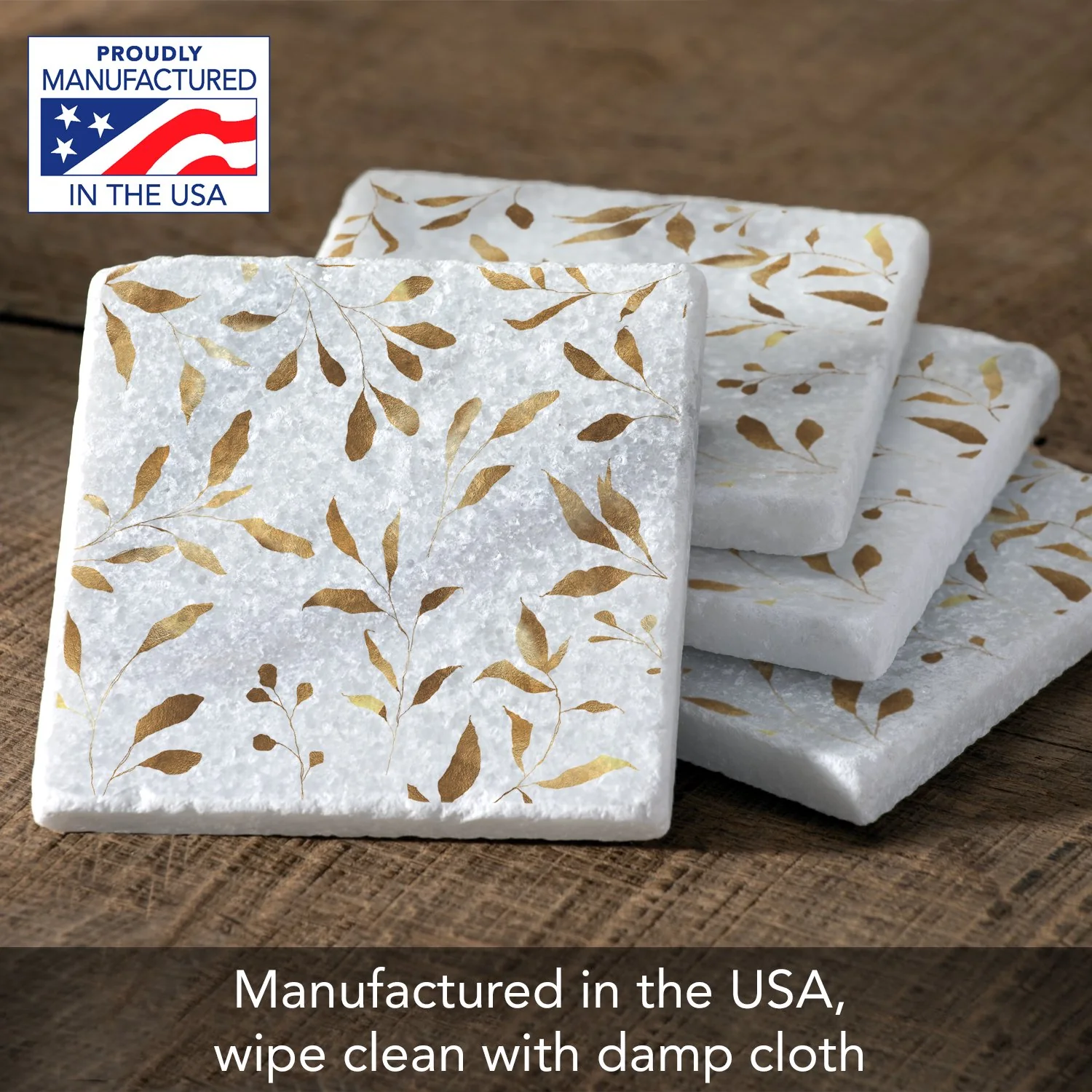 CounterArt  Natural Marble Cork Backed Stone Coasters –Gilded Vine – Set of 4 - Image 2