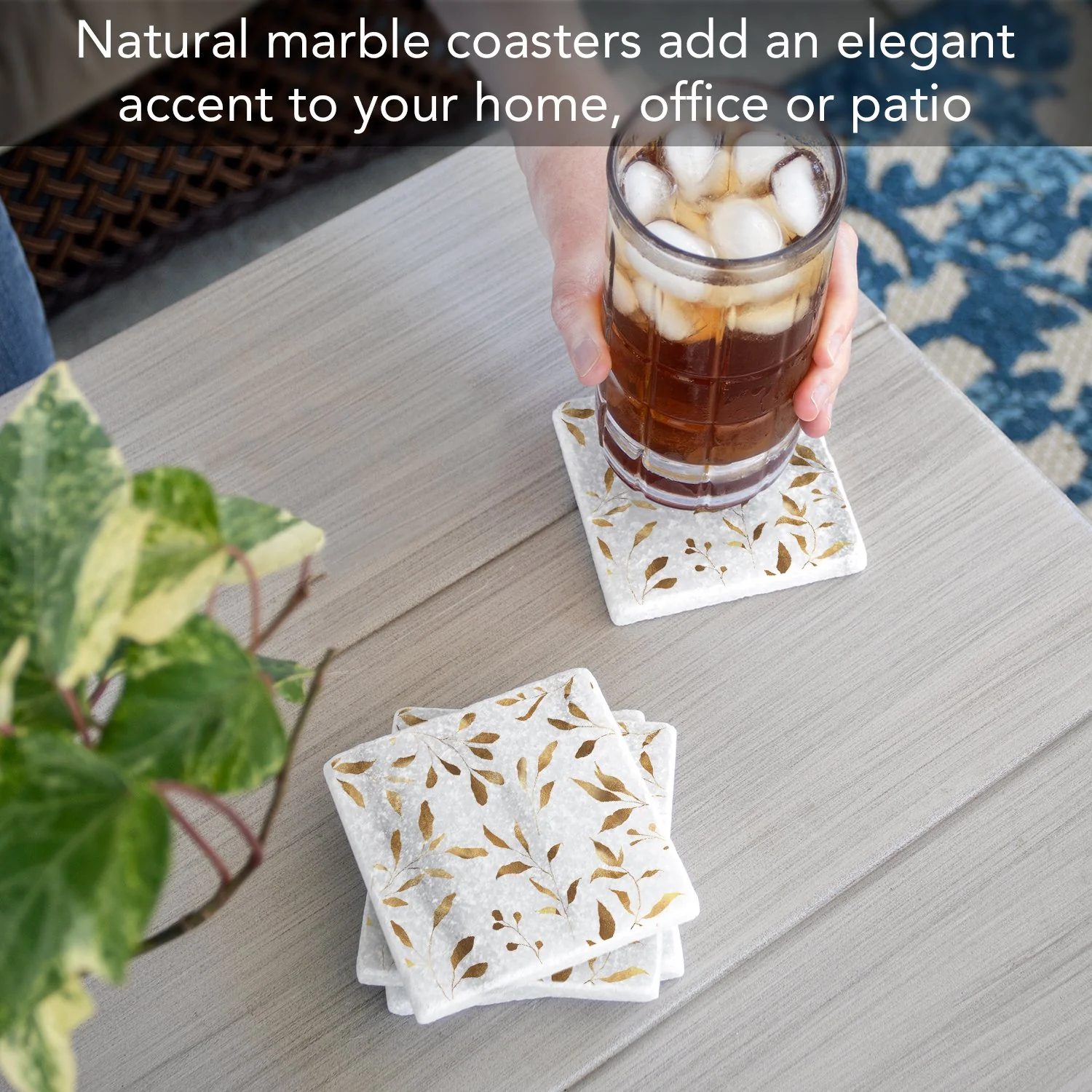 CounterArt  Natural Marble Cork Backed Stone Coasters –Gilded Vine – Set of 4 - Image 3
