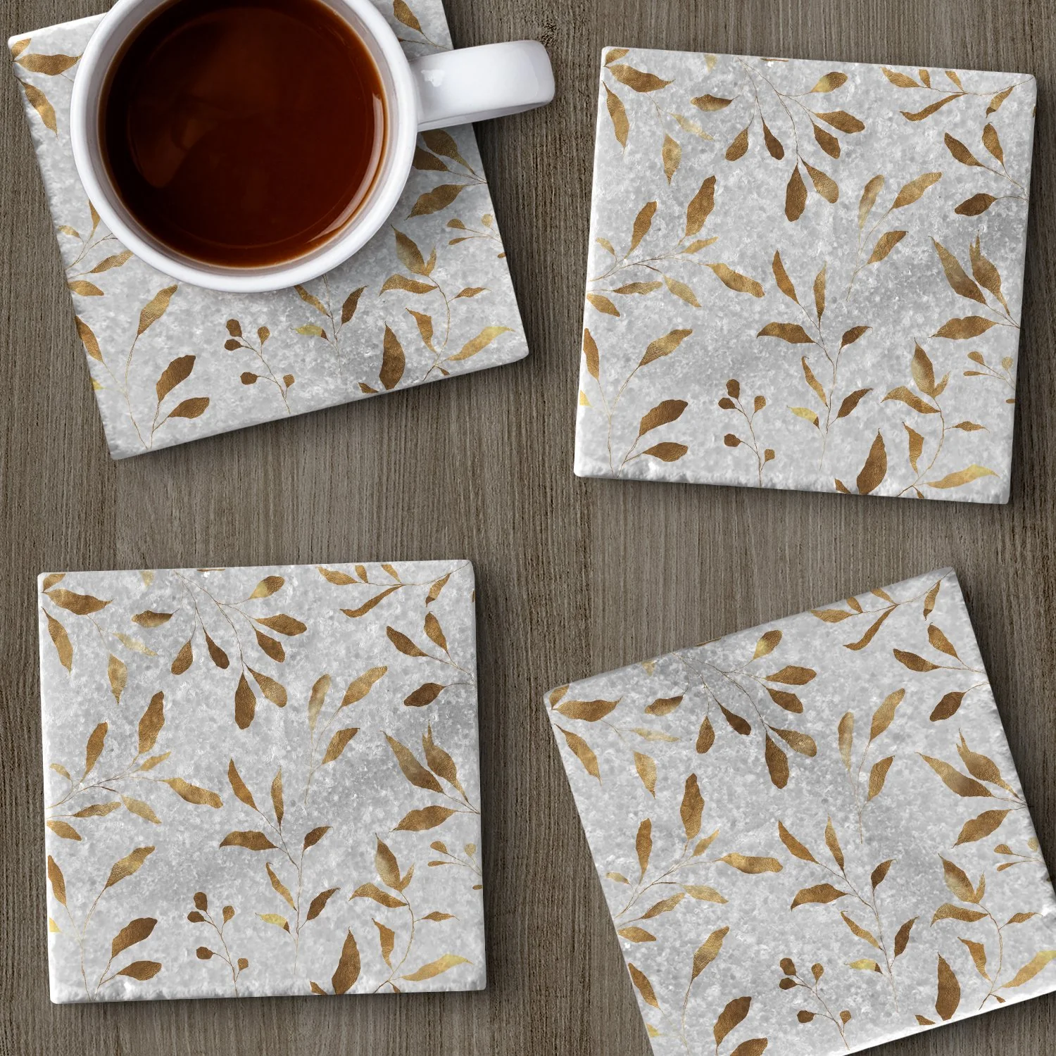 CounterArt  Natural Marble Cork Backed Stone Coasters –Gilded Vine – Set of 4 - Image 4