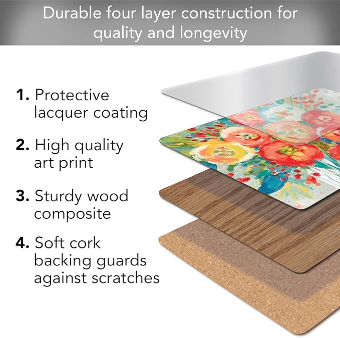 Highland Home Hardboard Cork-Backed Placemats – Coral Floral – Set of 4 - Image 2