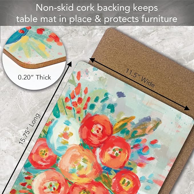 Highland Home Hardboard Cork-Backed Placemats – Coral Floral – Set of 4 - Image 3