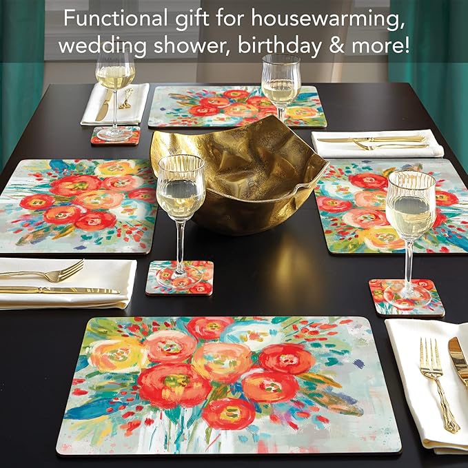 Highland Home Hardboard Cork-Backed Placemats – Coral Floral – Set of 4 - Image 6