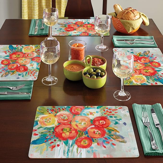 Highland Home Hardboard Cork-Backed Placemats – Coral Floral – Set of 4 - Image 7