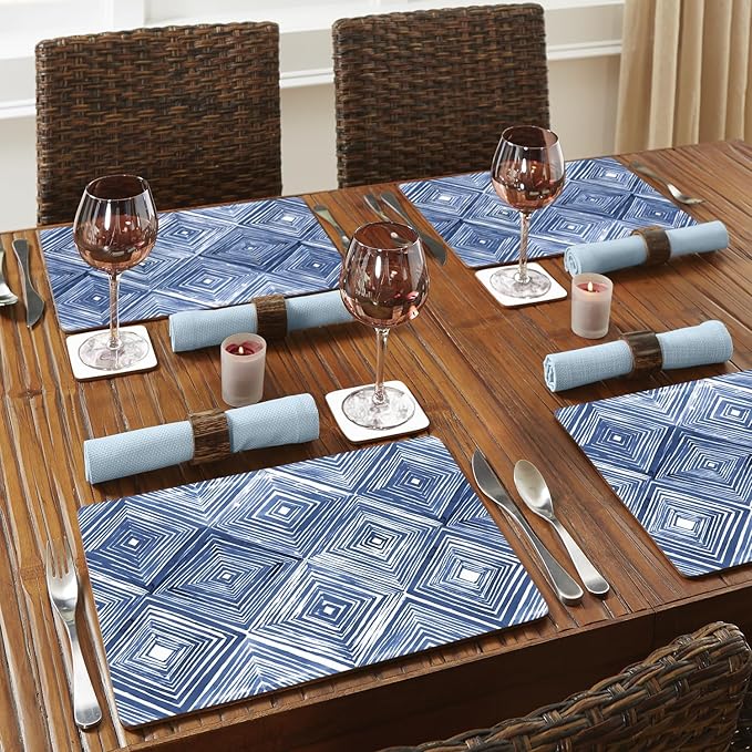 Highland Home Hardboard Cork-Backed Placemats – Indigo Diamond – Set of 4 - Image 6