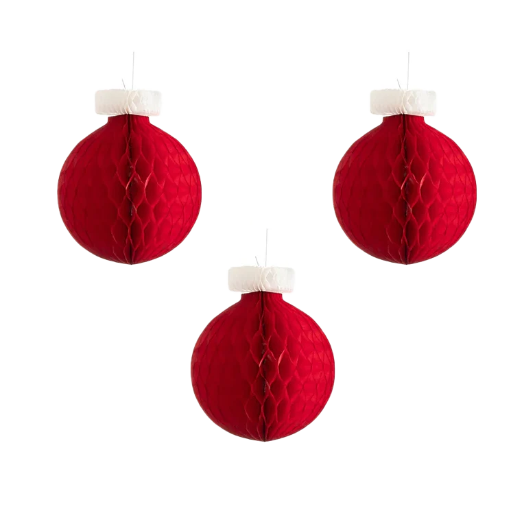 Honeycomb Red Paper Christmas Ornaments - Small – Set of 3