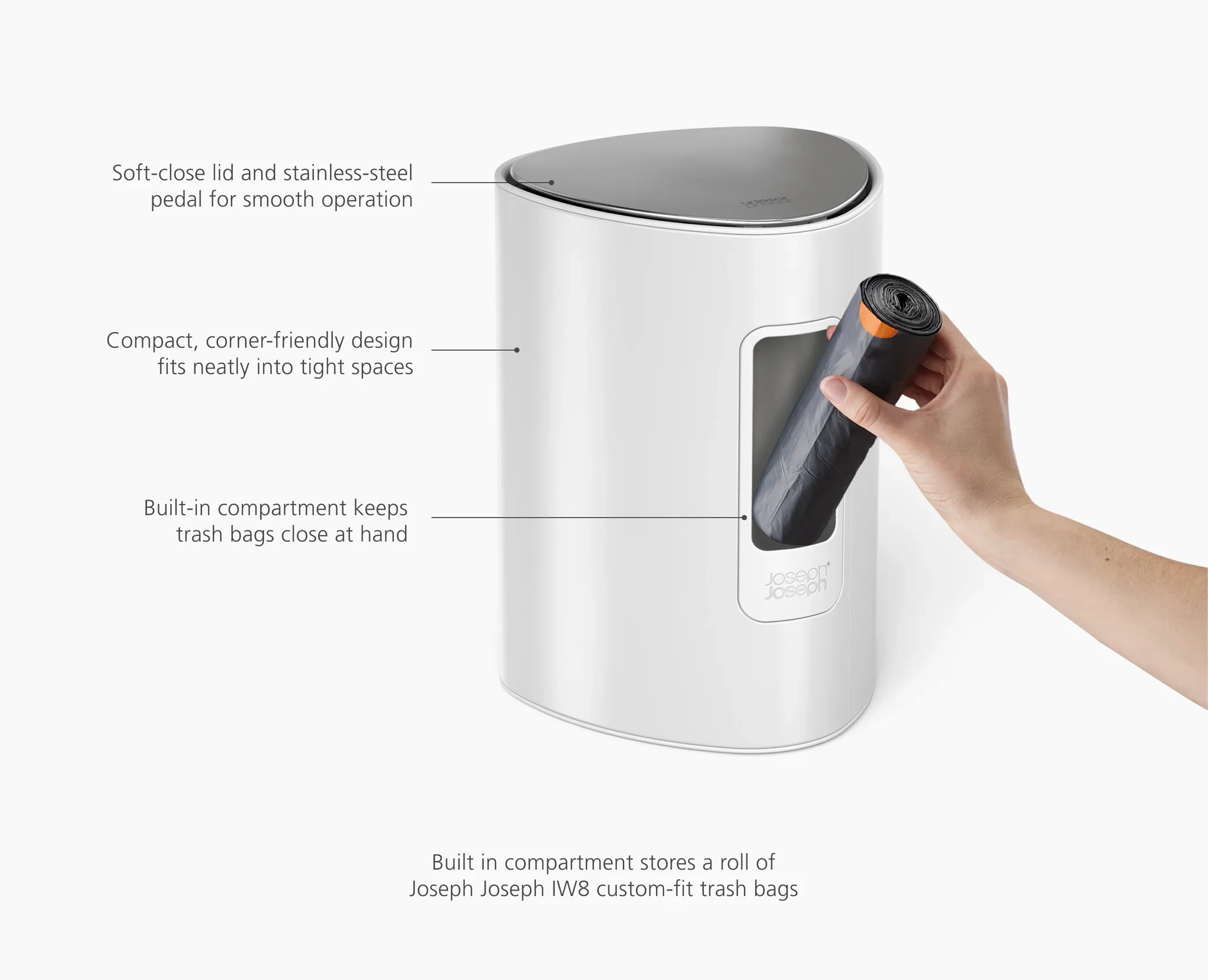 Joseph Joseph EasyStore 5L Bathroom Pedal Trash Can – Gloss White - Image 2