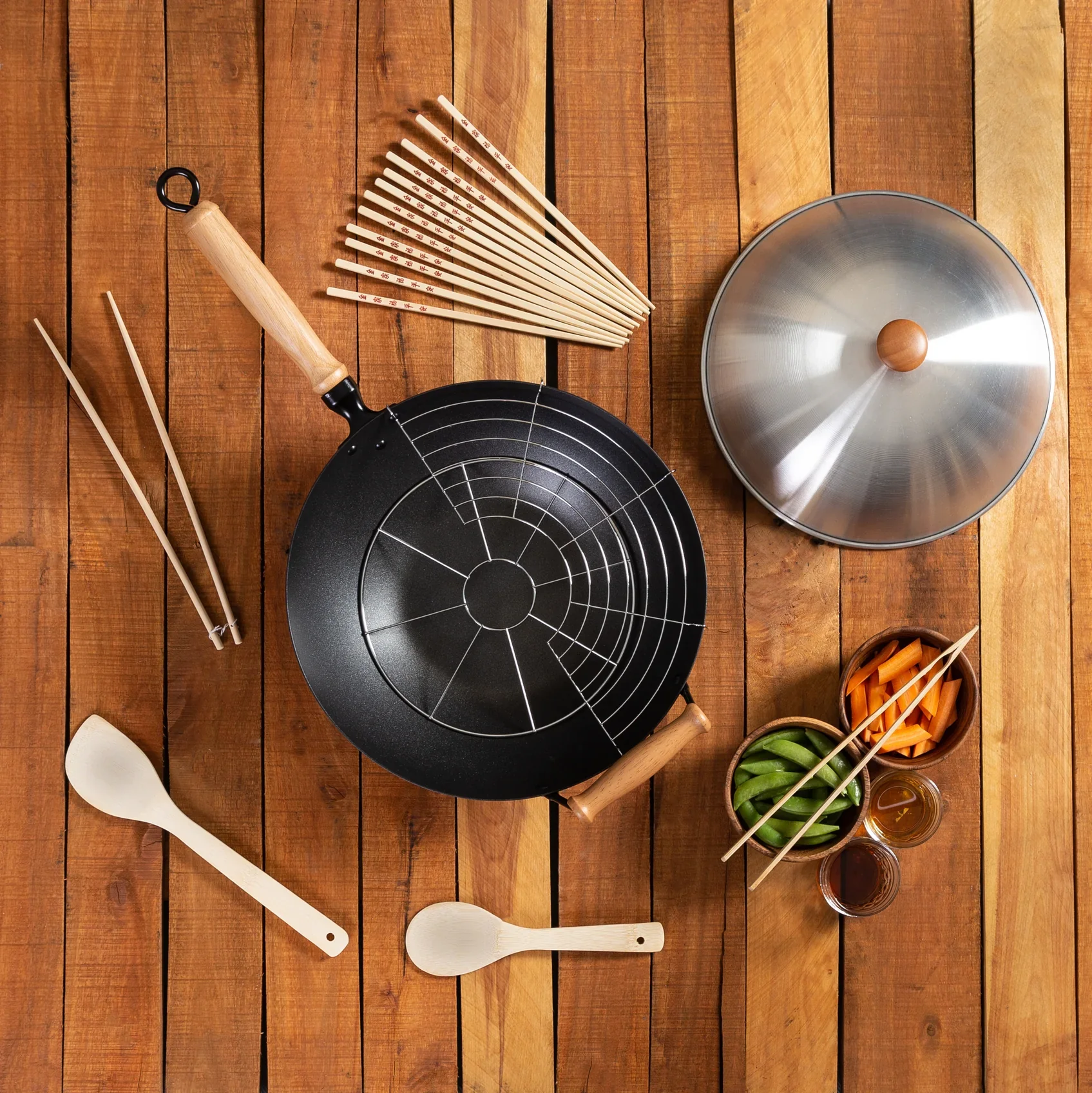 Joyce Chen Professional Series Carbon Steel Excalibur Nonstick Wok Set with Lid – 10 Piece Set - Image 6