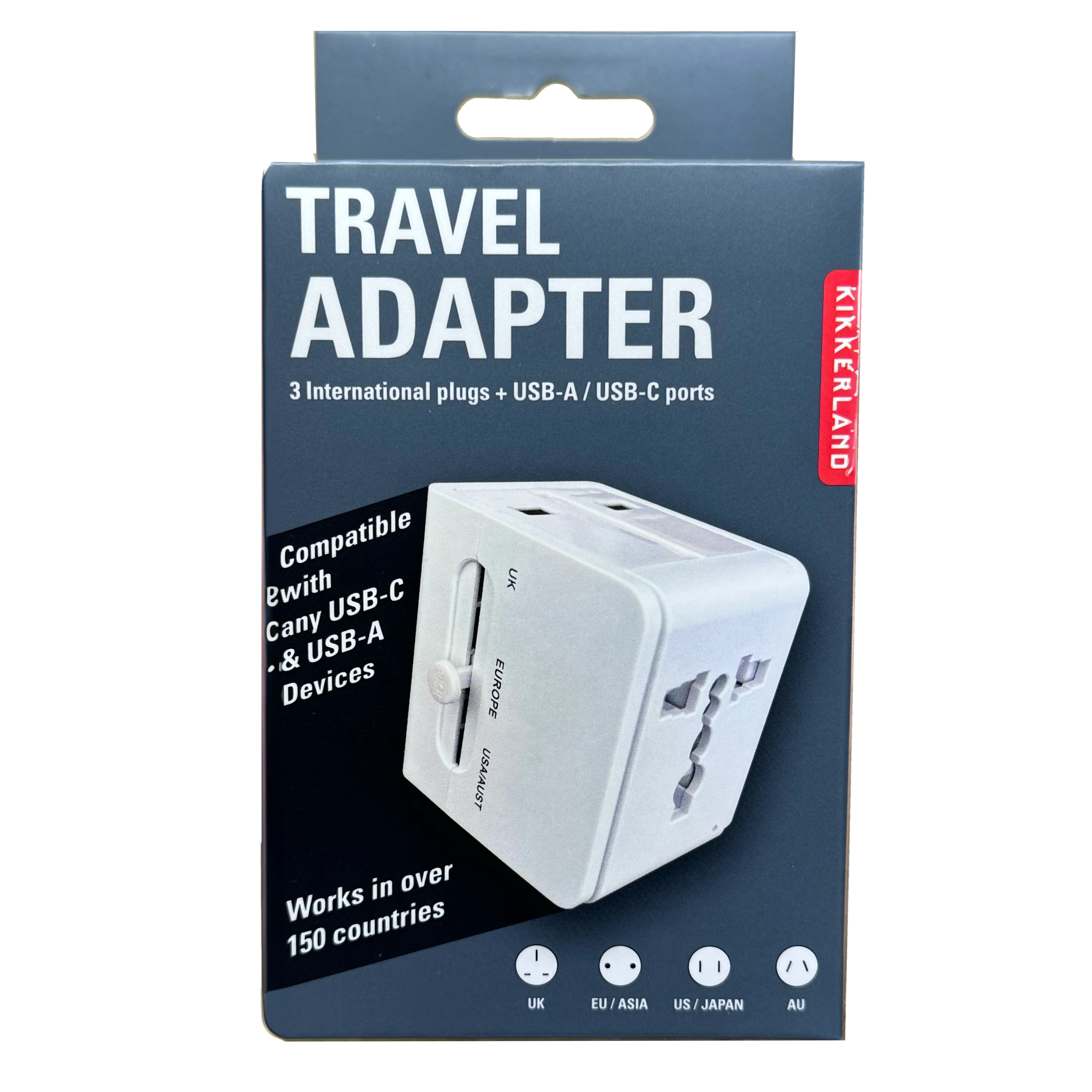 Kikkerland Travel Adapter With 3 International Plugs + USB-A/USB-C Ports