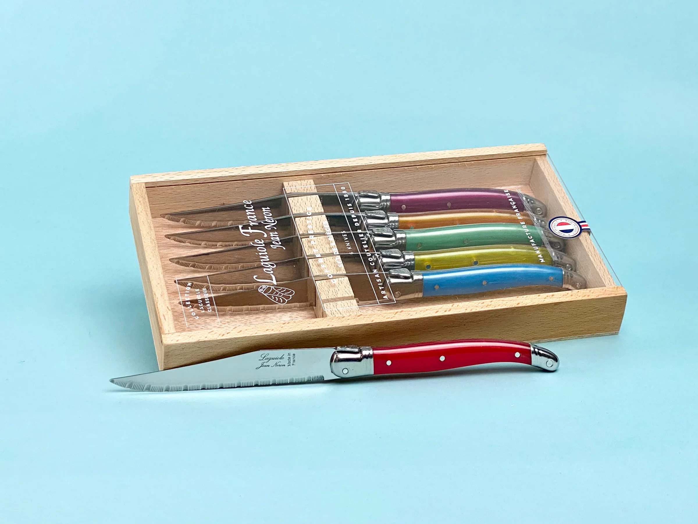 Laguiole Rainbow Stainless Steel Knives In Wooden Presentation Box – Set of 6 - Image 2