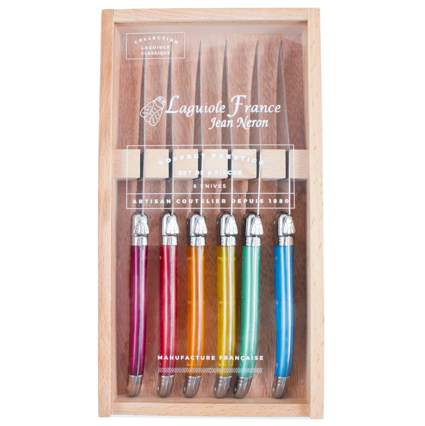 Laguiole Rainbow Stainless Steel Knives In Wooden Presentation Box – Set of 6 - Image 3