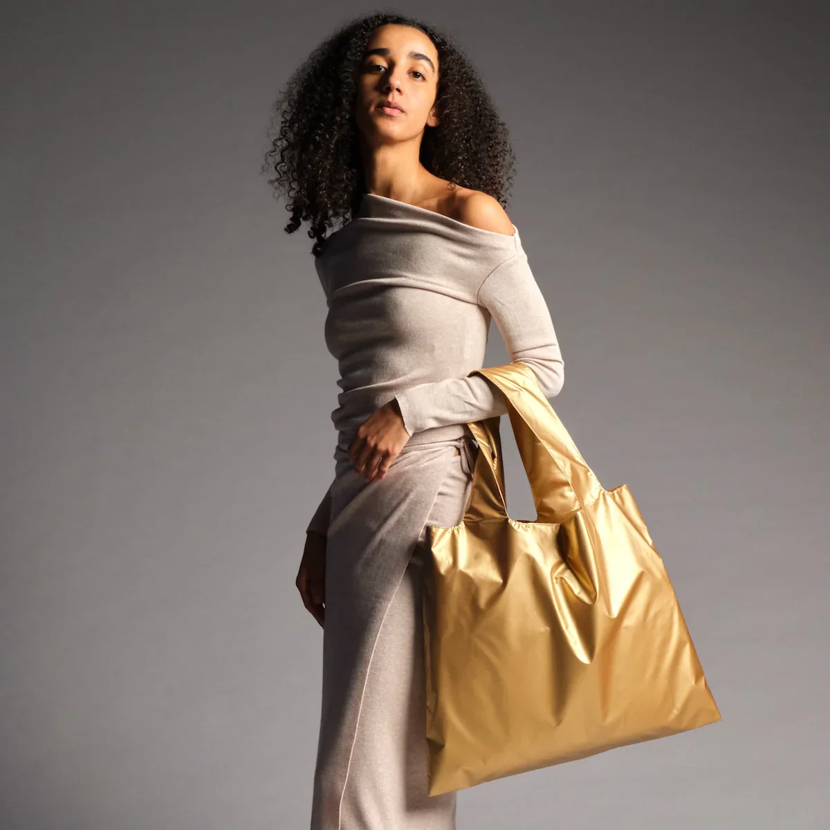 LOQI Reusable Tote Bag With Zip Pocket – Metallic Gold - Image 2